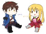  2boys anchor armband blonde_hair boots brown_eyes brown_hair chibi coat cravat jewelry multicolored_hair multiple_boys necklace open_mouth ponytail sitting smile streaked_hair umineko_no_naku_koro_ni ushiromiya_lion willard_h_wright yang38 yellow_eyes |_| 