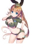  &gt;:) 1girl 6_(roku) alternate_costume arched_back ass bangs bikini black_ribbon blue_eyes blush breasts clarisse_(granblue_fantasy) cleavage cowboy_shot cropped_jacket eyebrows eyebrows_visible_through_hair granblue_fantasy green_bikini hair_between_eyes hair_ribbon hand_on_ass hand_on_hip hat long_hair looking_at_viewer medium_breasts midriff military military_uniform navel orange_hair peaked_cap ponytail ribbon short_sleeves signature simple_background solo swimsuit thigh_strap uniform v very_long_hair white_background 