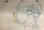  3girls absurdres animal animal_on_head bangs boots breasts casual cleavage colored_pencil_(medium) commentary eyebrows fence guts_(kill_la_kill) hand_on_another&#039;s_shoulder highres holding holding_umbrella hood_up jacket kill_la_kill kiryuuin_satsuki looking_at_viewer low_neckline mankanshoku_mako matoi_ryuuko multiple_girls photo puddle puffy_sleeves raincoat rubber_boots short_hair simple_background sketch skirt smile splashing sushio sweater thick_eyebrows traditional_media tree umbrella wooden_fence 