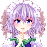  1girl bangs blue_eyes blush bow braid chako_(chakoxxx) eyebrows eyebrows_visible_through_hair finger_to_mouth green_bow hair_bow highres index_finger_raised izayoi_sakuya looking_at_viewer maid_headdress parted_lips silver_hair smile solo touhou twin_braids upper_body 