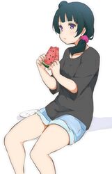  1girl :t black_hair black_shirt blue_shorts eating food fruit hair_ornament hair_scrunchie highres holding holding_fruit icehotmilktea love_live! love_live!_sunshine!! plate scrunchie shirt shorts side_bun side_ponytail simple_background sitting solo t-shirt tsushima_yoshiko violet_eyes watermelon white_background 