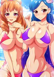  2girls aikatsu! aokura_shou bare_shoulders beach bikini blue_hair breasts brown_hair cleavage groin highres himesato_maria kazesawa_sora large_breasts long_hair looking_at_viewer mole mole_under_mouth multiple_girls sand shiny shiny_skin smile sweat swimsuit violet_eyes 