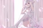  1girl adjusting_hair bare_arms breasts cleavage collarbone curtains dress emilia_(re:zero) hair_ornament hand_in_hair highres knees_up lace lace-trimmed_thighhighs levi9452 long_hair mouth_hold on_bed pillow re:zero_kara_hajimeru_isekai_seikatsu silver_hair sitting soap_bubbles solo thigh-highs tying_hair very_long_hair violet_eyes white_dress white_legwear 