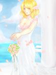  1girl blonde_hair blue_eyes bouquet breasts bridal_veil cleavage dress er_lingling flower hair_flower hair_ornament heterochromia jewelry large_breasts necklace petals pink_rose renown_(zhan_jian_shao_nyu) ring rose short_hair solo veil wedding_band wedding_dress white_dress yellow_eyes zhan_jian_shao_nyu 