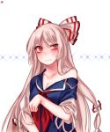  1girl blush bow breasts cleavage collarbone cosplay dress fujiwara_no_mokou hair_bow hair_ribbon highres kamishirasawa_keine kamishirasawa_keine_(cosplay) long_hair off_shoulder oversized_clothes red_eyes ribbon solo sweat tis_(shan0x0shan) touhou white_hair 