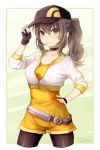  1girl artist_name black_gloves black_legwear brown_eyes brown_hair contrapposto cropped_jacket female_protagonist_(pokemon_go) fingerless_gloves gloves hair_between_eyes hand_on_hip highres jacket leggings long_hair nintendo pokemon pokemon_go ponytail puutarou signature smile solo wavy_hair yellow_clothes yellow_jacket 