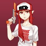  1girl absurdres baseball_cap breasts fujie_yamato hat highres humanization inkling looking_at_viewer n-zap_(splatoon) nes_zapper nintendo parted_lips pointy_ears red_background red_eyes redhead shirt simple_background solo splatoon t-shirt 