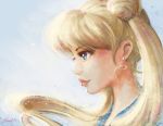  1girl bishoujo_senshi_sailor_moon blonde_hair blue_eyes brittany_fuerst double_bun earrings from_side jewelry lips profile signature smile solo tsukino_usagi twintails 
