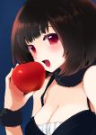  1girl apple bare_shoulders black_hair blush breasts choker cleavage fang food fruit hisana looking_at_viewer open_mouth original red_eyes short_hair solo spaghetti_strap strap_gap upper_body wristband 