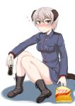  1girl animal_ears bangs black_boots blush boots bottle coca-cola cross-laced_footwear dog_ears dog_tail eating green_eyes highres holding laura_toth looking_at_viewer military military_uniform no_pants potato_chips short_hair silver_hair sitting solo strike_witches tail uniform wanyan_aguda world_witches_series 