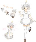  1girl ahoge angry apron brown_eyes brown_shoes bun_cover double_bun fetal_position looking_at_viewer mary_janes multiple_views one_leg_raised open_mouth personification pokemon pokemon_(game) pokemon_sm puffy_cheeks rolling shoes silver_hair standing standing_on_one_leg thigh-highs togedemaru white_legwear wrist_cuffs 
