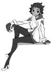  1girl candela_(pokemon) dowman_sayman greyscale high_heels looking_at_viewer monochrome pantyhose poke_ball pokemon pokemon_go sitting smile solo 