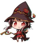  1girl brown_hair cape carillus chibi commentary_request eyepatch eyepatch_removed hat holding kono_subarashii_sekai_ni_shukufuku_wo! looking_at_viewer megumin red_eyes short_hair simple_background solo staff white_background witch_hat 