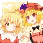  2girls :d ;) aki_minoriko aki_shizuha autumn_leaves black_bow blonde_hair blush bow chako_(chakoxxx) closed_mouth eyebrows eyebrows_visible_through_hair food fruit grapes hair_ornament hat highres leaf_hair_ornament looking_at_viewer mob_cap multiple_girls one_eye_closed open_mouth red_eyes short_hair siblings sisters smile touhou upper_body yellow_eyes 
