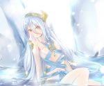  1girl aqua_(fire_emblem_if) blue blue_hair blue_ribbon bow elbow_gloves fire_emblem fire_emblem_if gloves hair_between_eyes jewelry long_hair low-tied_long_hair necklace ribbon rojiura-cat solo sunlight veil very_long_hair water yellow_eyes 