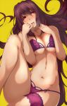  1girl bikini blush breast_press breasts brown_hair fate/grand_order fate_(series) lavender_hair lips long_hair looking_at_viewer lying navel on_back scathach_(fate/grand_order) simple_background solo swimsuit thigh_strap tokiwa_mmm yellow_background 