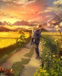  1boy 1girl aiha-deko baby brown_hair carrying clouds cloudy_sky commentary_request dragonfly evening field flower insect japanese_clothes kimono looking_to_the_side mountain original outdoors power_lines road short_hair sky storm_cloud sunflower sunset walking zouri 
