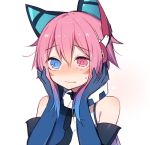  1girl bare_shoulders blue_eyes blue_hair blush commentary_request elbow_gloves facial_mark full-face_blush gloves gradient_hair hair_between_eyes hair_ornament heterochromia holding_head mechanical_ears multicolored_hair muryou original phantasy_star phantasy_star_online_2 pink_eyes pink_hair short_hair sidelocks simple_background solo sweatdrop wavy_mouth white_background 