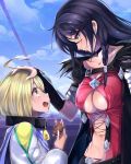  1boy 1girl :d black_hair blonde_hair breasts choker claws clouds collar comb covered_nipples green_eyes hand_on_head highres laphicet_(tales) long_hair looking_at_another md5_mismatch multiple_girls navel open_mouth ship sky smile tales_of_(series) tales_of_berseria tatsuya_ishikawa under_boob velvet_crowe water watercraft yellow_eyes 