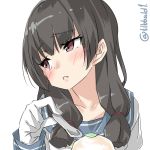  1girl bangs black_hair blush collarbone ebifurya eyebrows eyebrows_visible_through_hair face food gloves highres holding holding_spoon ice_cream isokaze_(kantai_collection) kantai_collection leaf long_hair long_sleeves looking_to_the_side open_mouth portrait red_eyes school_uniform serafuku sidelocks simple_background solo spoon twitter_username white_background white_gloves 