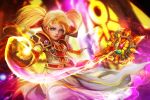  1girl blonde_hair blue_eyes breasts commentary fantasy fire freckles full_body gnome_(warcraft) highres lips long_hair muju nose pauldrons priest_(warcraft) robe small_breasts solo twintails warcraft weapon world_of_warcraft 