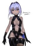  1girl assassin_(fate/prototype_fragments) bare_shoulders black_legwear blush breasts cleavage_cutout dark_skin dr_poapo fate/grand_order fate/prototype fate/prototype:_fragments_of_blue_and_silver fate_(series) looking_at_viewer purple_hair short_hair simple_background sketch solo violet_eyes 