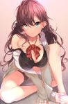  1girl :3 black_bra blue_eyes blurry blush bow bra breasts brown_hair cleavage depth_of_field highres ichinose_shiki idolmaster idolmaster_cinderella_girls large_breasts long_hair looking_at_viewer naughty_face q_(ed69) school_uniform smile solo strap_slip underwear 