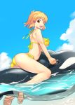  1girl 5iz0 arched_back ass bare_shoulders bikini blue_sky breasts brown_eyes brown_hair clouds dutch_angle from_side hair_ornament inflatable_orca inflatable_toy looking_at_viewer open_mouth partially_submerged senki_zesshou_symphogear short_hair side-tie_bikini sky smile solo swimsuit tachibana_hibiki_(symphogear) water wet yellow_bikini 