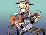  1girl adrian_ferrer alternate_breast_size belt bench blonde_hair blue_eyes crossed_legs elbow_gloves fingerless_gloves flat_chest gloves guitar hat instrument iowa_(kantai_collection) kantai_collection music playing_instrument sitting solo star star-shaped_pupils striped striped_legwear symbol-shaped_pupils thigh-highs younger 