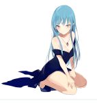  1girl aqua_hair bare_legs bare_shoulders blue_dress blush breasts cleavage dress gem hands_on_own_thighs jewelry kneeling long_dress long_hair looking_at_viewer lp_(hamasa00) medium_breasts necklace original pendant seiza simple_background sitting solo strapless strapless_dress violet_eyes white_background 
