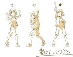  1girl clenched_hands hand_on_hip honda_mio idolmaster idolmaster_cinderella_girls jacket monochrome multiple_views nino_(ninouchi_irazu) one_eye_closed open_hands pose short_hair shorts star 