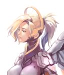  1girl blonde_hair blue_eyes bodysuit breasts hair_ornament hair_tie headgear high_ponytail large_breasts lips long_hair mao_mao_wansui mechanical_halo mechanical_wings mercy_(overwatch) overwatch pink_lips ponytail portrait simple_background solo turtleneck upper_body white_background wing_print wings 