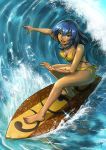  1girl barefoot bikini blue_hair blush braid dark_skin feet green_eyes maxa&#039; original single_braid surfboard surfing swimsuit tattoo water waves 