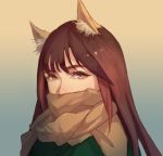  animal_ears bangs brown_eyes brown_hair cat_ears coat covered_mouth eyelashes gradient gradient_hair green_coat highres long_hair looking_at_viewer mao_mao_wansui multicolored_hair original scarf scarf_over_mouth sidelocks upper_body yellow_scarf 