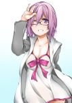  1girl absurdres baron_suzuki breasts cleavage fate/grand_order fate_(series) glasses highres large_breasts looking_at_viewer one_eye_closed purple_hair shielder_(fate/grand_order) short_hair simple_background solo violet_eyes white_background 