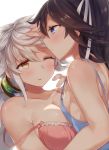  2girls alternate_costume arm_at_side asymmetrical_hair black_hair blue_eyes blush braid breasts collarbone commentary crop_top eyebrows eyebrows_visible_through_hair hair_ornament hair_ribbon hand_on_forehead jitome kantai_collection katsuragi_(kantai_collection) large_breasts light_smile long_hair looking_at_another multiple_girls one_eye_closed outside_border ponytail ribbon sideboob silver_hair single_braid small_breasts strap_slip tareme underwear unryuu_(kantai_collection) upper_body very_long_hair white_ribbon yamaarashi 