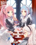  4girls apron armor bangs blue_eyes blue_hair blunt_bangs blush cake closed_eyes curtains eating felicia_(fire_emblem_if) female_my_unit_(fire_emblem_if) fire_emblem fire_emblem_if flora_(fire_emblem_if) food hair_between_eyes hairband indoors jewelry lilith_(fire_emblem_if) long_hair maid maid_apron maid_headdress multiple_girls my_unit_(fire_emblem_if) pendant pink_hair pointy_ears ponytail rojiura-cat siblings sidelocks sisters smile twintails veil window 