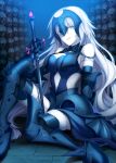  1girl armor armored_boots black_gloves black_legwear boots breasts elbow_gloves fate/grand_order fate_(series) gauntlets gloves helmet high_heels holding jeanne_alter long_hair ruler_(fate/apocrypha) ruler_(fate/grand_order) sitting skull smile solo sword thigh-highs very_long_hair weapon white_hair wowishi yellow_eyes 