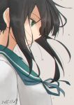 1girl 2015 bangs black_hair closed_mouth dated face from_side fubuki_(kantai_collection) green_eyes grey_background kantai_collection looking_to_the_side portrait profile serious sidelocks simple_background solo tabisora upper_body 