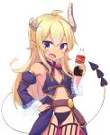  1girl :d ahoge aki_inu blonde_hair blush brand_name_imitation broken_horn demon_horns demon_tail detached_sleeves eyebrows_visible_through_hair fang flat_chest hair_between_eyes hand_on_hip highres holding horns lilith_(machikado_mazoku) long_hair long_sleeves looking_at_viewer machikado_mazoku open_mouth pointy_ears skin_fang smile soda_bottle solo tail violet_eyes white_background 