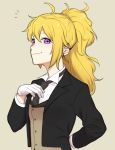 1girl adjusting_clothes adjusting_necktie beige_background blonde_hair formal gloves hands_on_own_chest highres looking_at_viewer messy_hair nagisa_(12363) necktie ponytail rwby solo suit violet_eyes white_necktie yang_xiao_long 