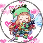  1girl animal_costume bangs blunt_bangs blush boots brown_hair chibi closed_eyes cosplay fang frog_costume gloves hair_ribbon hat helmet hose ichihara_nina idolmaster idolmaster_cinderella_girls kigurumi kingin long_hair open_mouth ribbon smile solo water 