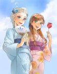  2girls :d anna_(frozen) ano_(sbee) blonde_hair blue_eyes blush braid brown_hair candy_apple elsa_(frozen) fan floral_print flower freckles frozen_(disney) hair_flower hair_ornament hair_over_shoulder japanese_clothes kimono lipstick makeup multiple_girls open_mouth paper_fan red_lipstick siblings single_braid sisters smile snowflake_print sunflower_print twin_braids uchiwa yukata 