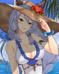  1girl adjusting_clothes adjusting_hat armband bare_shoulders bracelet breasts brown_eyes cleavage granblue_fantasy hat heles highres jewelry kou_v05first silver_hair solo sun_hat swimsuit 