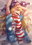  1girl :d absurdres american_flag american_flag_dress american_flag_legwear arm_on_head arms_up ass blonde_hair blush chen_bin clownpiece dress fang feet from_above full_body hat highres jester_cap leggings legs_up long_hair looking_at_viewer lying naughty_face on_back open_mouth pantyhose red_eyes short_dress short_sleeves smile soles solo toes touhou 