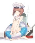  1girl anchor bangs bare_legs barefoot bikini blunt_bangs blush bow brown_eyes brown_hair closed_mouth flat_chest gi_(melmail) groin hat hat_bow innertube kantai_collection looking_at_viewer navel sailor_bikini sailor_collar sailor_hat short_hair side-tie_bikini sitting solo striped swimsuit transparent v_arms wariza white_bikini white_hat z3_max_schultz_(kantai_collection) 