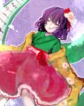  1girl calligraphy closed_eyes eyelashes floral_print flower hair_flower hair_ornament hieda_no_akyuu highres japanese_clothes kimono lips minorinashi obi purple_background purple_hair sash scroll solo touhou 