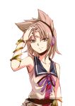  &gt;:) 1girl arm_up armpits bracelet brown_eyes brown_hair closed_mouth commentary_request earmuffs jewelry kakao_(noise-111) looking_at_viewer neck_ribbon pointy_hair purple_ribbon ribbon ritual_baton sash shirt short_hair sleeveless sleeveless_shirt smile solo touhou toyosatomimi_no_miko tsurime upper_body white_background 