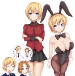  2girls animal_ears bangs bare_shoulders black_legwear black_leotard black_skirt blonde_hair blue_eyes blush bow bowtie braid breasts bunny_girl bunny_tail bunnysuit cleavage closed_eyes commentary_request covered_navel covered_nipples darjeeling detached_collar dress fake_animal_ears girls_und_panzer hal_(ojou) hat imagining large_breasts leotard light_smile long_hair long_sleeves looking_at_viewer military military_jacket multiple_girls multiple_views necktie open_mouth orange_hair orange_pekoe pantyhose pleated_skirt rabbit_ears sailor_dress sailor_hat shiny skirt smile tail tears thighs thought_bubble tied_hair translation_request twin_braids uniform white_dress wrist_cuffs younger 