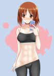  1girl abs absurdres anglerfish ass_visible_through_thighs bike_shorts blush breasts brown_eyes brown_hair cellphone girls_und_panzer groin highres looking_at_viewer navel nishizumi_miho phone short_hair smile solo sports_bra standing 